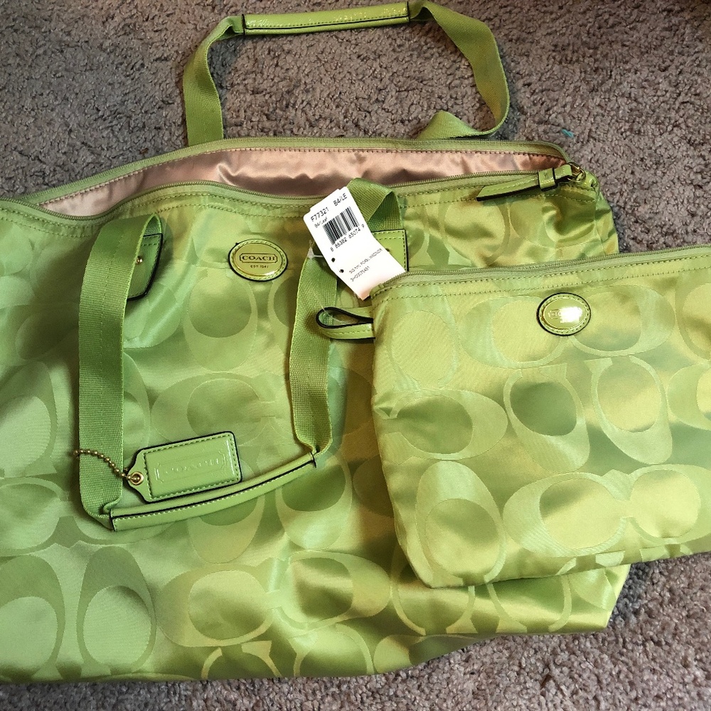 Lime green Coach tote bag with matching makeup bag